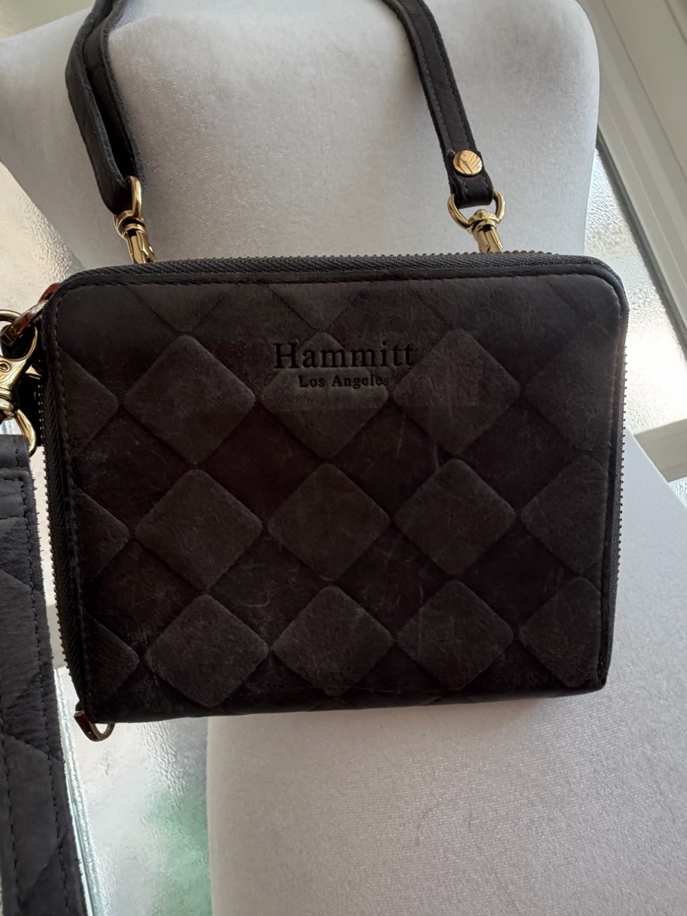 Leather Hammitt Grey Crossbody Wallet with Gold Hardware